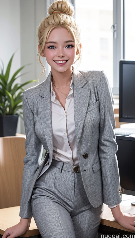 ai nude image of blonde woman in a gray suit sitting on a desk in an office pics of 18 Happy Blonde Suit Office Hair Bun