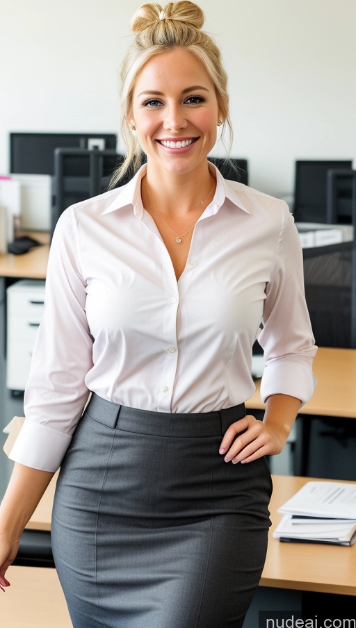 ai nude image of blonde woman in a white shirt and grey skirt standing in an office pics of 30s Happy Blonde Hair Bun Office Teacher British