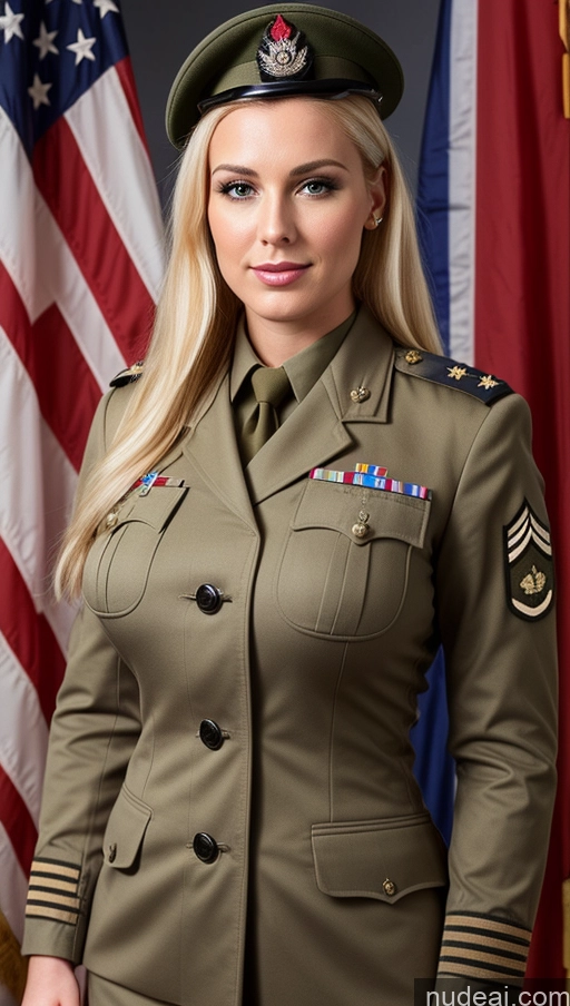 ai nude image of arafed woman in military uniform standing in front of american flags pics of Blonde British Busty 20s Military Slicked