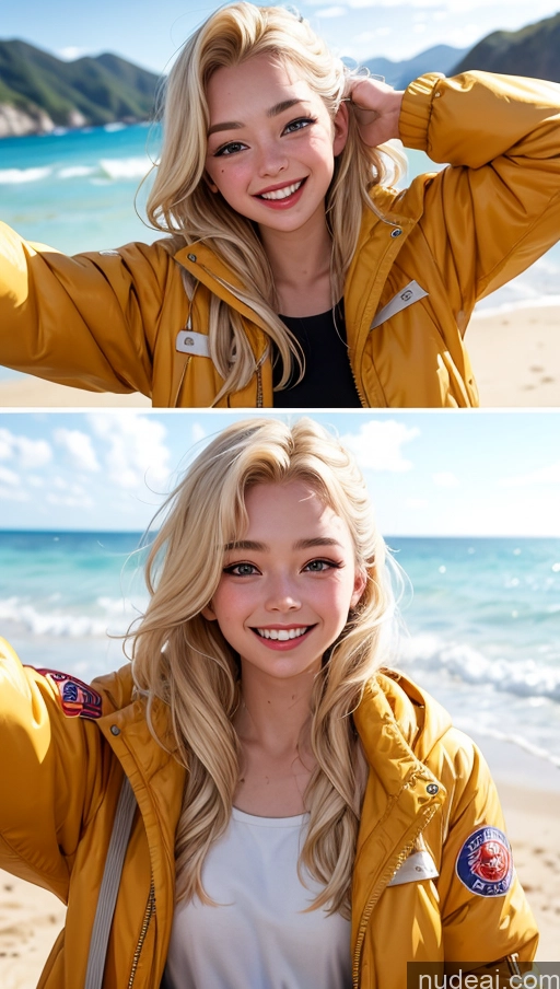 ai nude image of blonde woman with blue eyes and a yellow jacket on a beach pics of 18 Blonde Beach Happy Slicked Parka