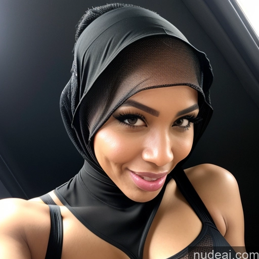 ai nude image of araffe wearing a black top and a black head scarf pics of Diamond Jewelry Transparent Cyborg 30s Perfect Body Perfect Boobs Laughing One Close-up View Hell Ahegao Sexy Face Black Hair Pixie Black Niqab High Socks