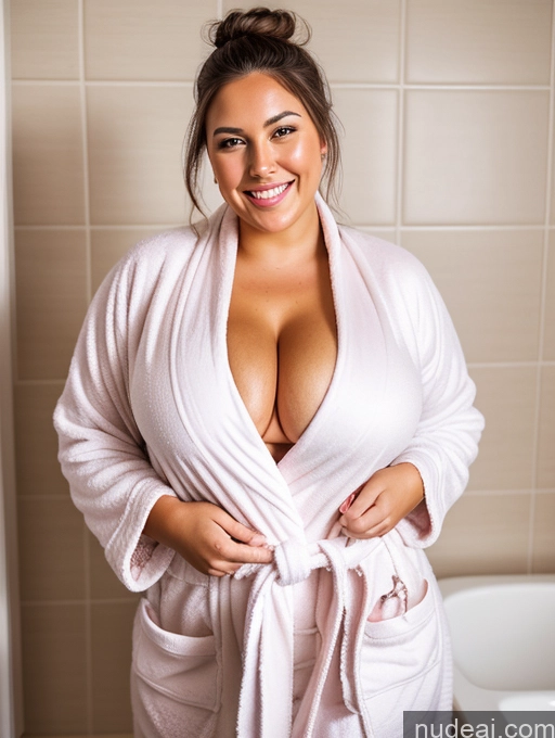 related ai porn images free for Woman Busty Chubby Big Hips Tanned Skin Brunette Hair Bun Bathroom Bathrobe Front View Happy