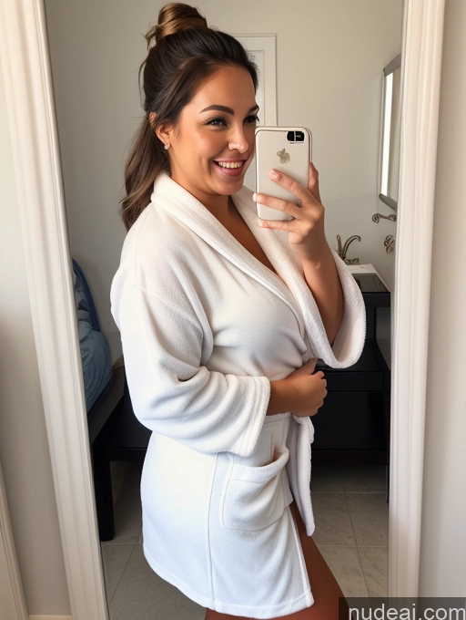 related ai porn images free for Woman Busty Chubby Big Hips Tanned Skin Brunette Bathroom Bathrobe Front View Happy Ponytail Mirror Selfie