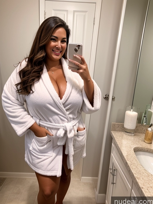 related ai porn images free for Woman Chubby Big Hips Tanned Skin Brunette Bathroom Bathrobe Front View Happy Mirror Selfie Huge Boobs Big Ass