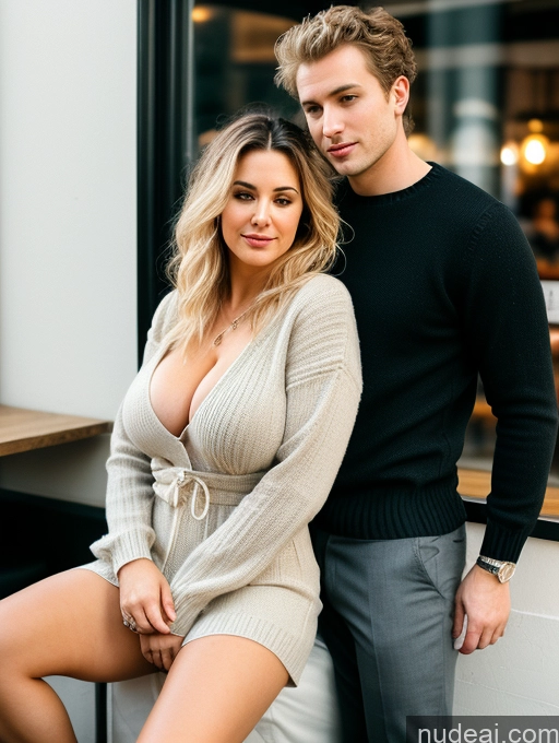 ai nude image of blond woman in a white dress and a man in a black sweater pics of Woman + Man Two Busty Big Ass Chubby Fairer Skin 30s Blonde Messy White Film Photo Dress Stylish Sweater Cleavage Dark Lighting Detailed Cafe