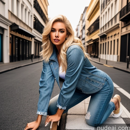 ai nude image of blond woman in jeans crouching on a curb in a city pics of 20s Long Hair Brazilian Miss Universe Model Casual 3d Street Blonde Jeans Jacket