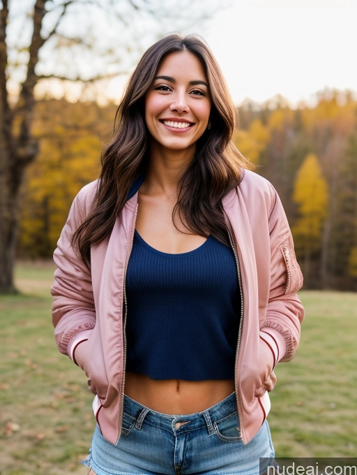 ai nude image of arafed woman in a pink jacket and blue top standing in a field pics of Woman One Small Tits Skinny 20s Happy Native American Pubic Hair Bomber