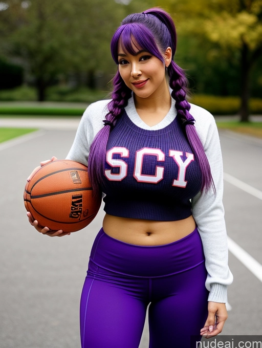 ai nude image of arafed woman with purple hair holding a basketball and posing for a picture pics of Sorority One Busty Huge Boobs Thick Big Ass Big Hips 20s Sexy Face Purple Hair Pigtails Asian Street Front View Yoga Pants Bright Lighting Sweater Basketball