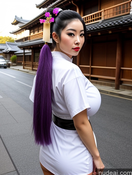 ai nude image of there is a woman with long purple hair standing on the street pics of Sorority One Busty Huge Boobs Thick Big Ass Big Hips 20s Sexy Face Purple Hair Pigtails Asian Street Front View Bright Lighting Geisha