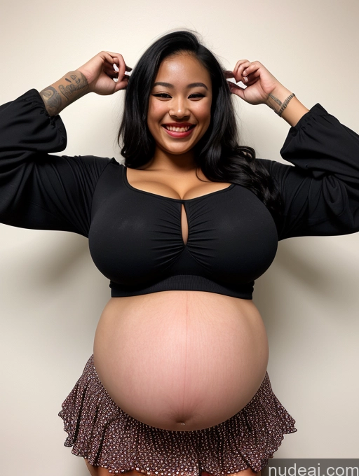 ai nude image of pregnant woman in black top and skirt posing for a picture pics of Woman Huge Boobs Beautiful Tattoos Lipstick Big Ass Thick Big Hips Perfect Body Pregnant Dark Skin Happy Laughing Slicked Cleavage Dark Lighting Black Hair Harlequin Asian Micro Skirt 18 Front View