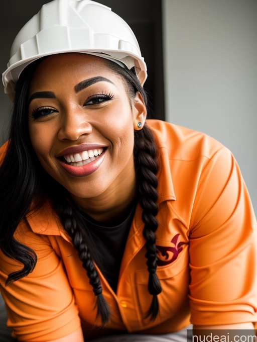 ai nude image of smiling woman in orange shirt and hard hat sitting on a table pics of Athlete Black 30s Happy Laughing Sexy Face Ahegao Pigtails White Hair Close-up View On Back Devil Construction Worker