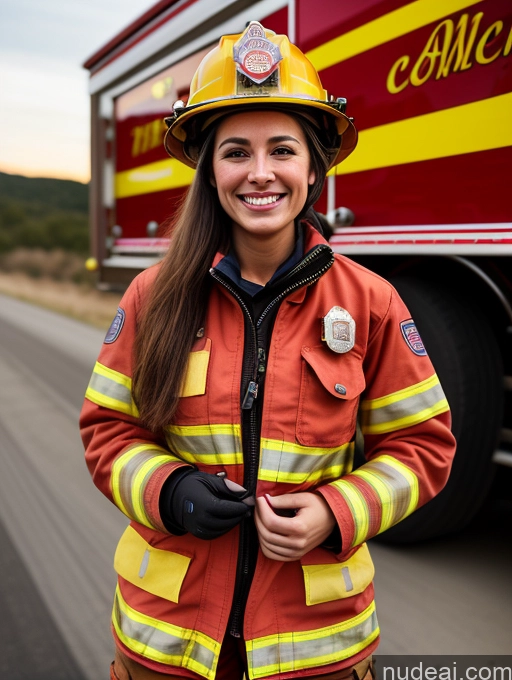 ai nude image of arafed woman in a firefighter's uniform standing in front of a fire truck pics of Woman One Small Tits Skinny 20s Happy Native American Pubic Hair Firefighter