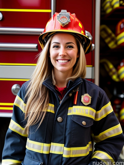 ai nude image of arafed woman in a firefighter's uniform standing in front of a fire truck pics of Woman One Small Tits Skinny 20s Happy Native American Pubic Hair Firefighter