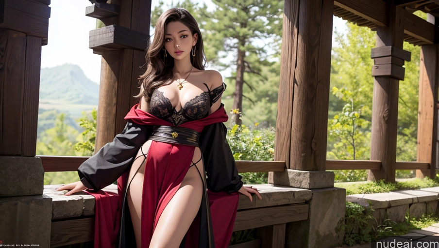 ai nude image of araffe woman in a red dress posing on a wooden bench pics of Woman One Small Ass Skinny Beautiful Small Tits Tall 18 Brunette Japanese Dress Jewelry Detailed Medieval