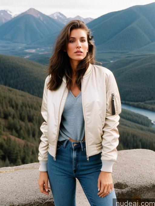 related ai porn images free for Perfect Body 30s Brunette Messy White Film Photo Mountains 80s Casual Jeans Jacket Bomber Leather Shirt Woman One