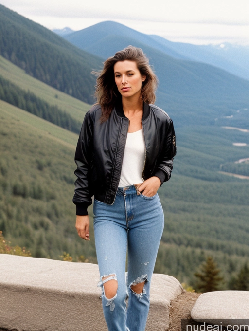 related ai porn images free for Perfect Body 30s Brunette Messy White Film Photo Mountains 80s Casual Jeans Jacket Bomber Leather Shirt Woman One