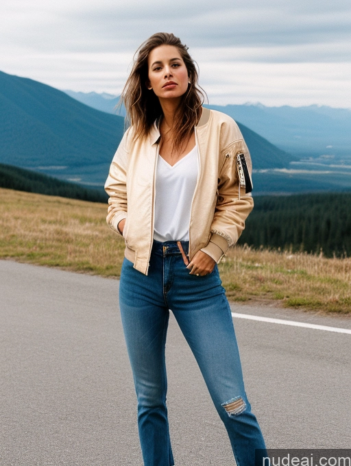 related ai porn images free for Perfect Body 30s Brunette Messy White Film Photo Mountains 80s Casual Jeans Jacket Bomber Leather Shirt Woman One