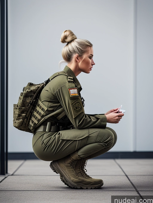 related ai porn images free for Woman One Perfect Boobs Big Ass Perfect Body Fairer Skin 20s Blonde Hair Bun Russian Detailed 3d Serious Military Squatting Side View