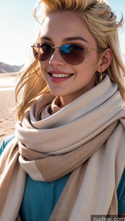 ai nude image of blond woman with sunglasses and scarf on the beach smiling pics of 18 Happy Blonde Slicked Scarf Desert Sunglasses