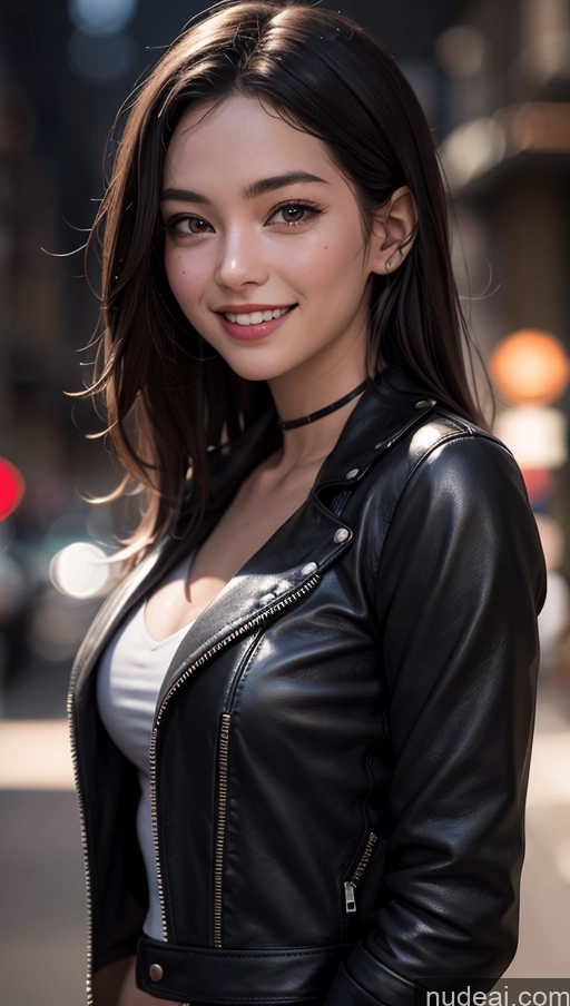 ai nude image of arafed woman in a black leather jacket standing on a city street pics of 18 Happy Slicked Leather Street Close-up View Dark Lighting Black Hair