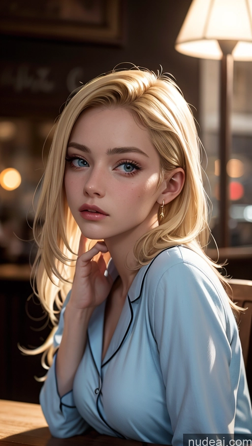 ai nude image of blond woman with blue eyes sitting at a table in a restaurant pics of 18 Slicked Close-up View Dark Lighting Pajamas Cafe Blonde Sad