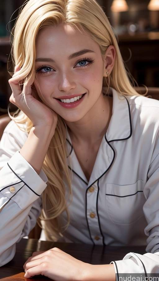 ai nude image of blonde woman in white shirt sitting at a table with a glass of wine pics of 18 Slicked Close-up View Dark Lighting Pajamas Cafe Blonde Laughing