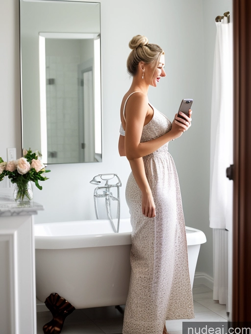 ai nude image of pregnant woman in a white dress looking at her phone in a bathroom pics of Woman One Perfect Boobs Lipstick Perfect Body Fairer Skin 20s Blonde Traditional Detailed Portuguese Hair Bun Laughing Mirror Selfie Bathroom Front View