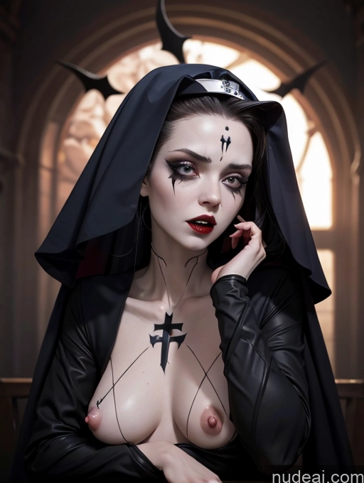 ai nude image of a close up of a woman with a black robe and a cross on her chest pics of Detailed Dark Lighting Nun Oufit With Breast Curtains (Houshou Marine Style) Vampire Traditional Nun Goth Halloween Bodypaint Hell Surrealist White Angry Fairer Skin