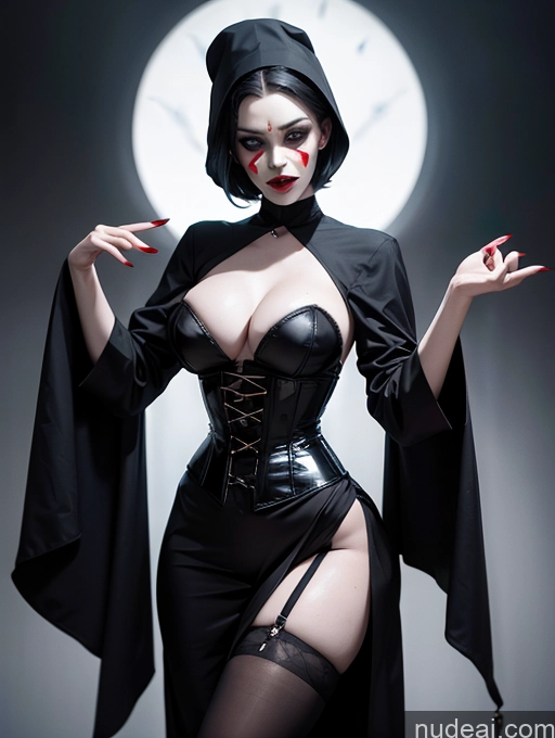 ai nude image of araffe dressed in a black corset and a black cape pics of Detailed Dark Lighting Vampire Traditional Nun Goth Halloween Surrealist White Fairer Skin Cleavage Corset Cosplay Clown Bikini Black Hair Straight