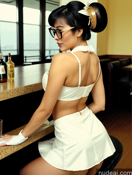 ai nude image of there is a woman sitting at a bar with a glass of wine pics of Turkish Short Hair Beautiful Sunglasses Seductive Black Hair Blouse Cheerleader Dress Mini Skirt Gold Jewelry Perfect Boobs Film Photo Glasses Bar Working Out Back View One Maid Geisha 40s Milf