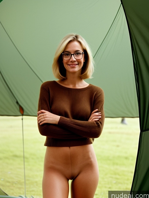 ai nude image of blond woman in glasses posing in front of a tent with her arms crossed pics of Woman Beautiful Perfect Boobs Perfect Body 30s Blonde Bobcut Film Photo Front View T-pose Nude 70s Sweater Laughing Glasses German Tent