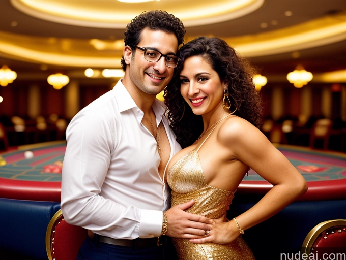 ai nude image of there is a man and woman posing for a picture in a casino pics of Perfect Boobs Beautiful Glasses Curly Hair Turkish Film Photo Secretary Gold Jewelry 30s Perfect Body Seductive Orgasm Happy Transparent Cleavage Back View Woman + Man Casino