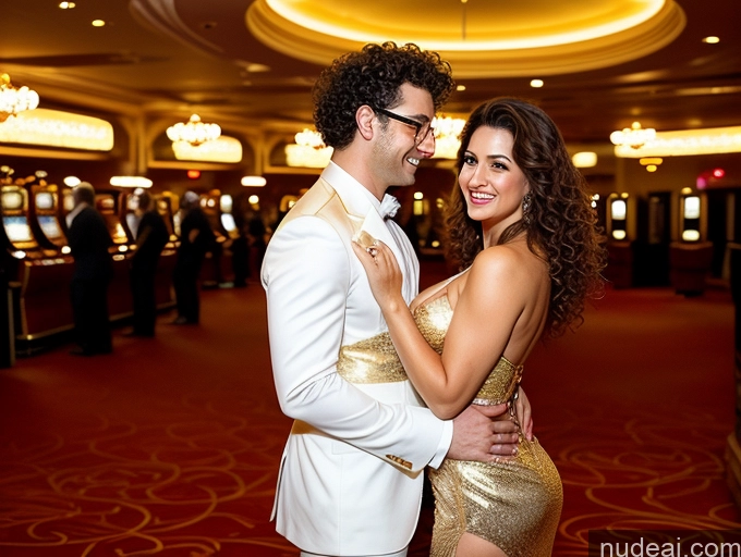 ai nude image of there is a man and woman in a casino room hugging pics of Perfect Boobs Beautiful Glasses Curly Hair Turkish Film Photo Secretary Gold Jewelry 30s Perfect Body Seductive Orgasm Happy Transparent Cleavage Back View Woman + Man Casino