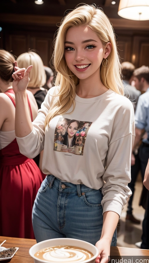 ai nude image of blonde woman in a white shirt and jeans holding a cup of coffee pics of 18 Happy Blonde Slicked Party Shirt