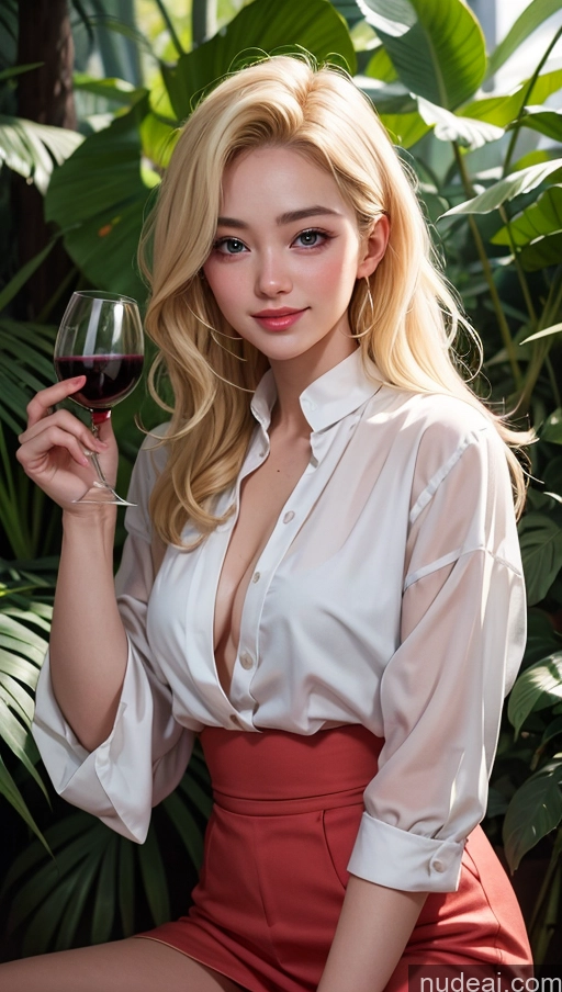 ai nude image of blonde woman in a white shirt and red skirt holding a glass of wine pics of 18 Happy Blonde Slicked Blouse Chinese Wine Jungle