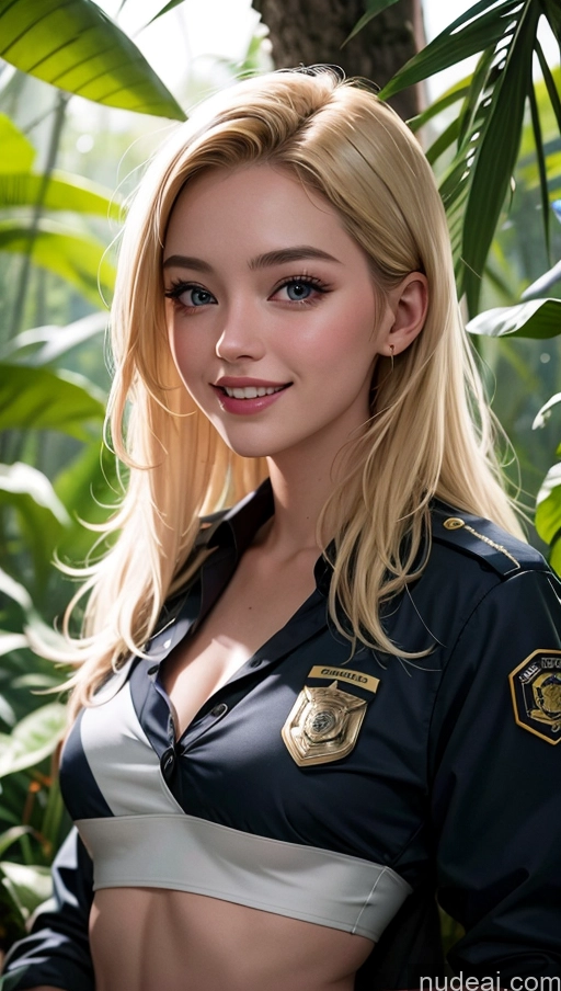 ai nude image of arafed woman in uniform posing for a picture in a jungle pics of 18 Happy Blonde Slicked Chinese Jungle Police