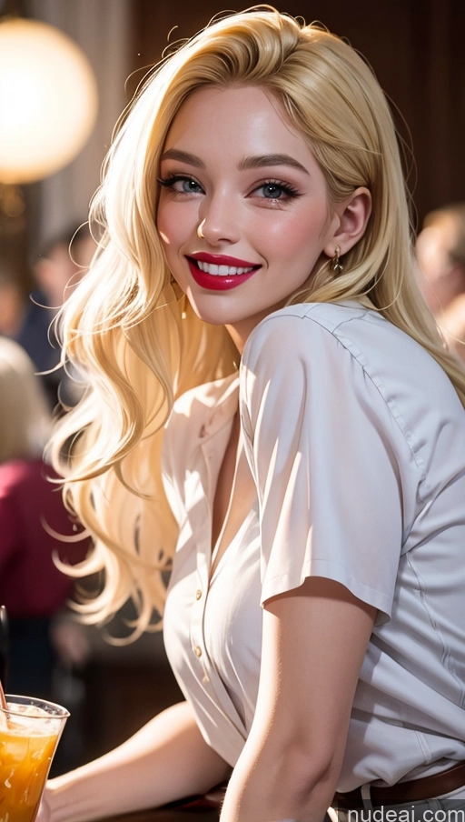 ai nude image of blonde woman with red lips and a white shirt holding a drink pics of Happy Blonde Slicked 20s Party Shirt Lipstick