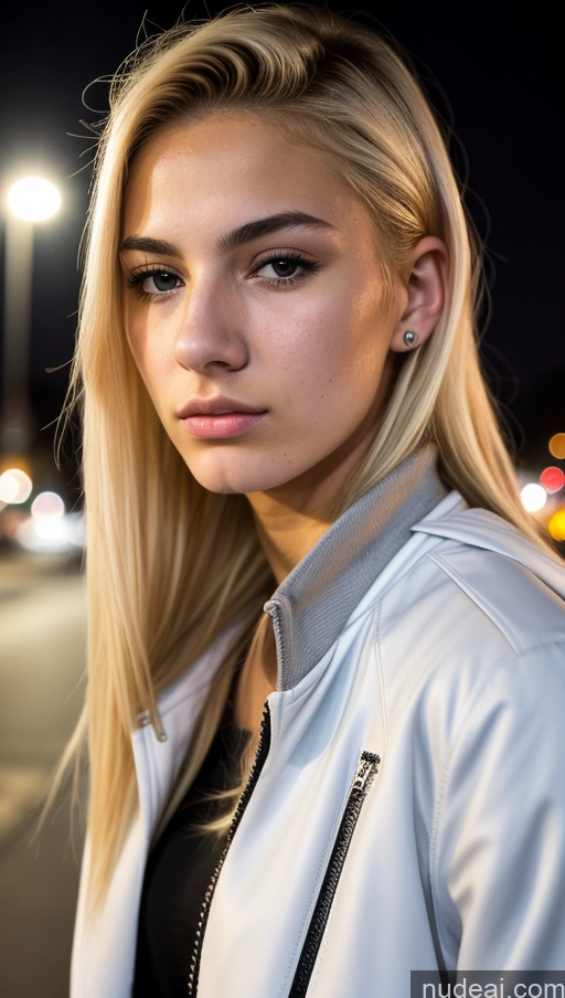 ai nude image of blond woman with long hair and piercings standing in a parking lot pics of Blonde Slicked 18 Street Dark Lighting Egyptian Close-up View Jacket Soft Anime Sad