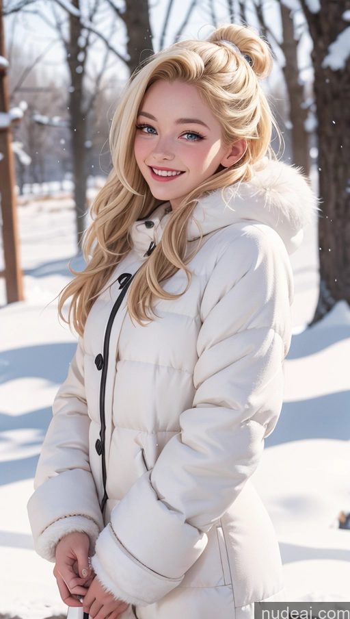 ai nude image of blonde woman in white jacket standing in snow covered parka pics of Blonde Slicked 18 Happy Dress Fur Snow