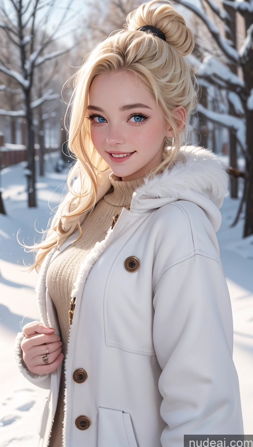 ai nude image of blonde woman in winter coat posing for picture in snowy area pics of Blonde Slicked 18 Happy Dress Fur Snow