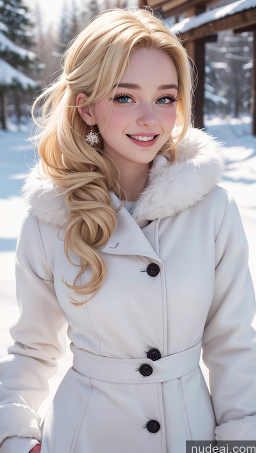 ai nude image of blonde woman in white coat posing for a picture in the snow pics of Blonde Slicked 18 Happy Dress Fur Snow