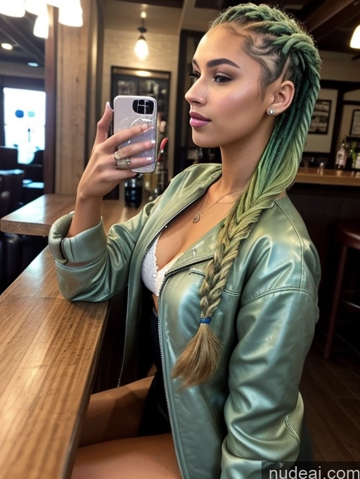 ai nude image of araffe with green hair and a green jacket taking a selfie pics of One Braided Seductive Model Skinny Beautiful 18 Green Hair Latina Bar Mirror Selfie Side View Dress Jacket