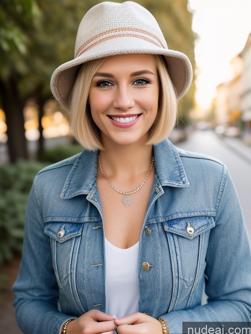 ai nude image of blond woman in a hat and denim jacket smiling for a picture pics of Jacket Jeans Jewelry Boots Hat 20s Happy Blonde Short Hair Czech