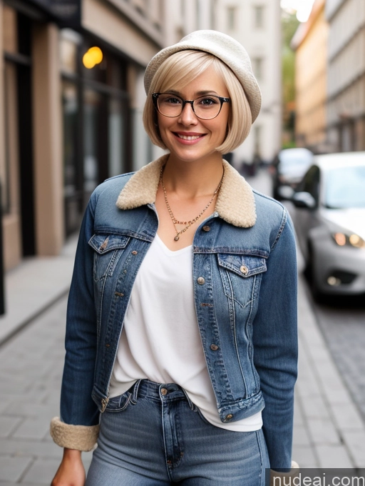 ai nude image of arafed woman in a white shirt and blue jean jacket and jeans pics of Jacket Jeans Jewelry Boots Hat 20s Happy Blonde Short Hair Czech Beautiful Glasses Skin Detail (beta)