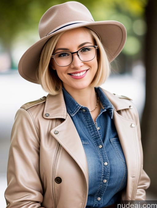 ai nude image of blond woman wearing a hat and glasses smiling at the camera pics of Jacket Jeans Jewelry Boots Hat 20s Happy Blonde Short Hair Czech Beautiful Glasses Skin Detail (beta) Huge Boobs