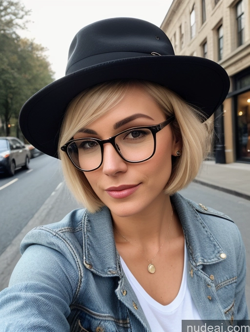 ai nude image of blond woman with glasses and a hat taking a selfie pics of Jacket Jeans Jewelry Boots Hat Blonde Short Hair Beautiful Glasses Skin Detail (beta) British Sexy Face 30s