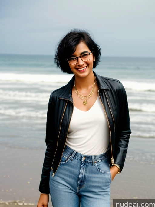 ai nude image of smiling woman in black leather jacket and jeans standing on beach pics of Jacket Jeans Jewelry Boots Short Hair Beautiful Glasses Indian Beach 18 Happy Black Hair Film Photo