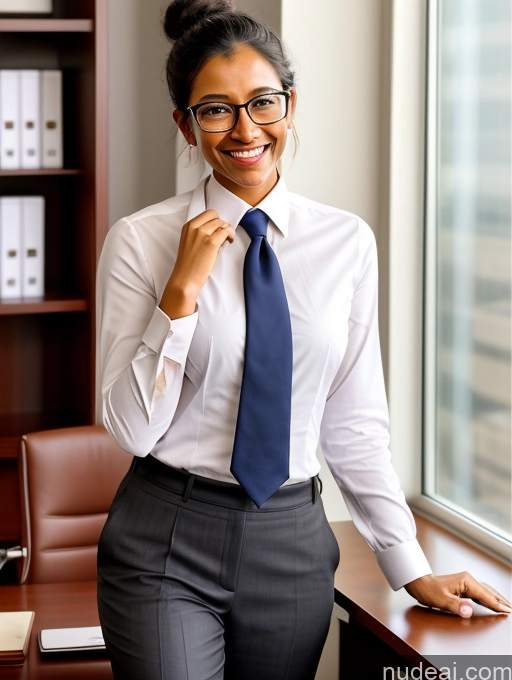 ai nude image of smiling woman in business attire standing by a window in an office pics of Short Indian Dark Skin Pubic Hair One Office Secretary Hair Bun Happy Glasses Suit Stylish