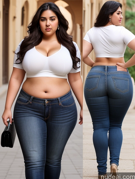 ai nude image of araffes of a woman in a white top and jeans pics of Woman Thick Chubby Fat Big Hips Big Ass Busty 18 Black Hair Arabic Crop Top Jeans