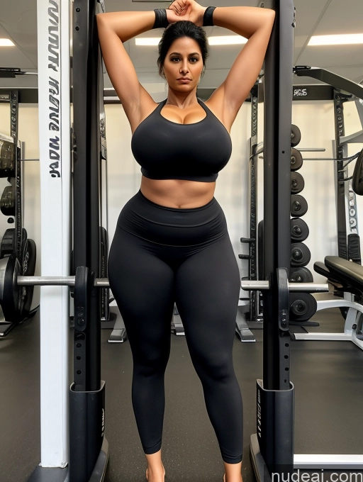 ai nude image of araffe woman in black sports bra top and leggings standing in front of a gym machine pics of Sari T-pose Front View Gym Crisp Anime Indian Long Hair Black Hair Seductive 40s Big Hips Big Ass Huge Boobs Tall One Milf